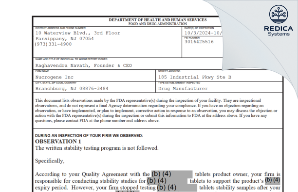 FDA 483 - Nucrogene Inc [Branchburg / United States of America] - Download PDF - Redica Systems