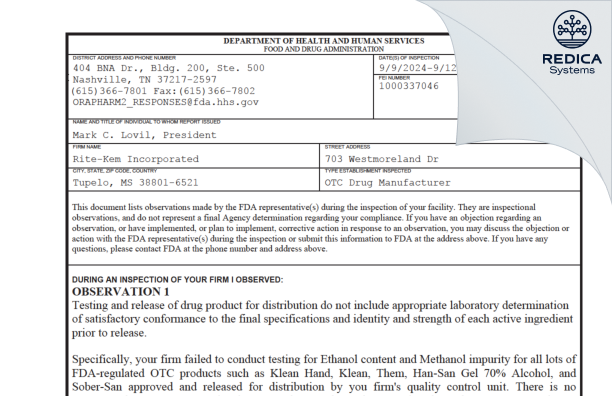 FDA 483 - Rite-Kem Incorporated [Tupelo / United States of America] - Download PDF - Redica Systems