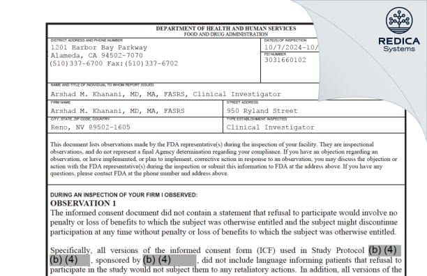 FDA 483 - Arshad M. Khanani, MD, MA, FASRS [Reno / United States of America] - Download PDF - Redica Systems