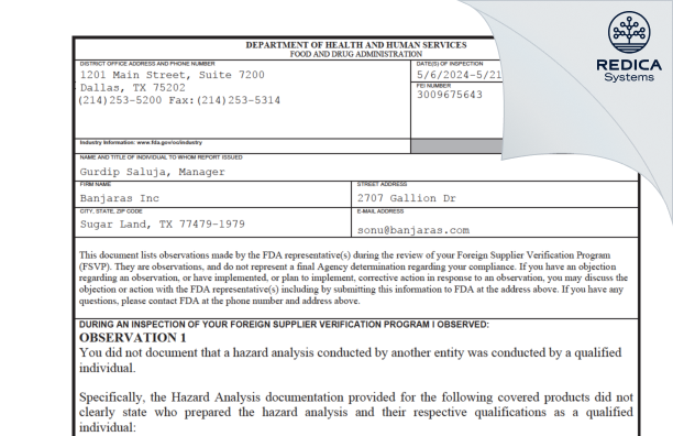 FDA 483 - Banjaras Inc [Sugar Land / United States of America] - Download PDF - Redica Systems