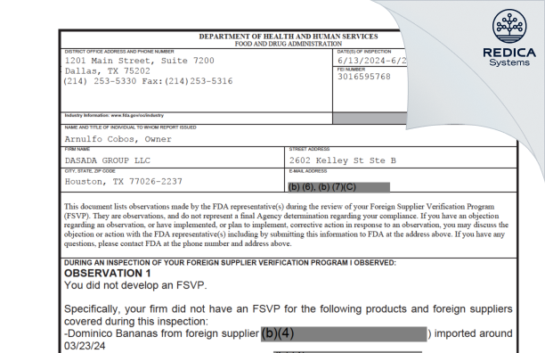 FDA 483 - DASADA GROUP LLC [Houston / United States of America] - Download PDF - Redica Systems