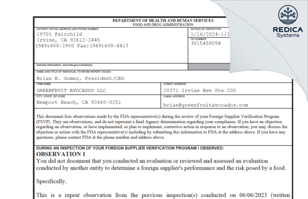 FDA 483 - GREENFRUIT AVOCADOS LLC [Newport Beach / United States of America] - Download PDF - Redica Systems