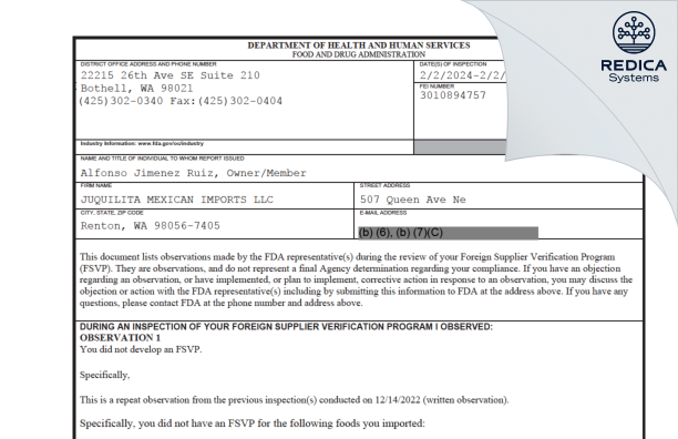 FDA 483 - JUQUILITA MEXICAN IMPORTS LLC [Renton / United States of America] - Download PDF - Redica Systems