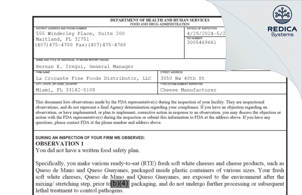 FDA 483 - La Crocante Fine Foods Distributor, LLC [Miami / United States of America] - Download PDF - Redica Systems