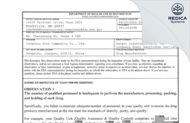 FDA 483 - Yangzhou SION Commodity Co., Ltd [Yangzhou / China] - Download PDF - Redica Systems