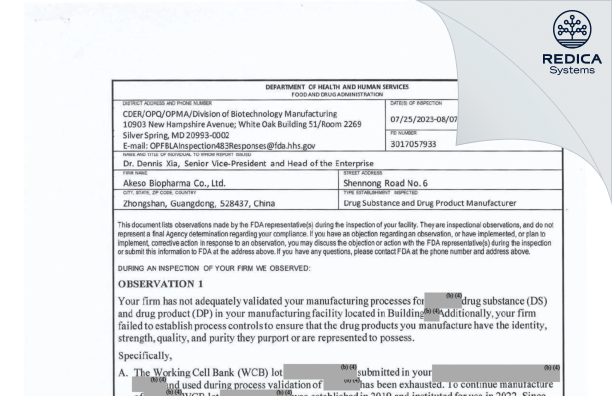 FDA 483 - Akeso Biopharma Co., Ltd. [Xiangshan / China] - Download PDF - Redica Systems