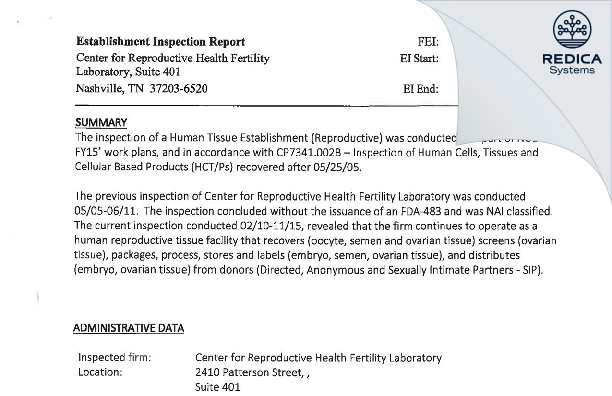 EIR - Center for Reproductive Health Fertility Laboratory of Nashville [Nashville / United States of America] - Download PDF - Redica Systems