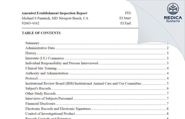 EIR - Michael S Panutich, MD [Newport Beach / United States of America] - Download PDF - Redica Systems