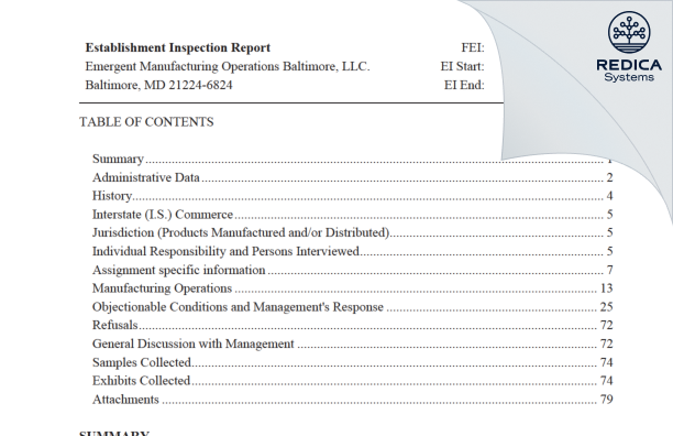 EIR - Emergent Manufacturing Operations Baltimore LLC [Baltimore / United States of America] - Download PDF - Redica Systems