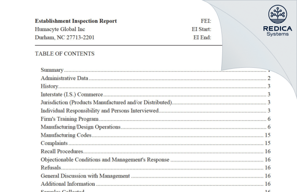 EIR - Humacyte Global, Inc [Durham / United States of America] - Download PDF - Redica Systems