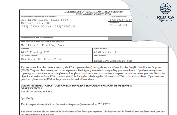 FDA 483 - ARYZ Trading LLC [Dearborn / United States of America] - Download PDF - Redica Systems