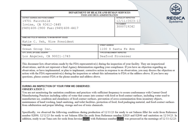 FDA 483 - Ocean Group Inc. [Los Angeles / United States of America] - Download PDF - Redica Systems