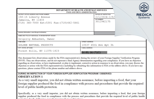 FDA 483 - GOLDEN NATURAL PRODUCTS [Forest Hills / United States of America] - Download PDF - Redica Systems