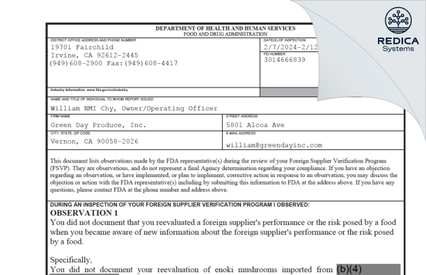 FDA 483 - Green Day Produce, Inc. [Los Angeles / United States of America] - Download PDF - Redica Systems