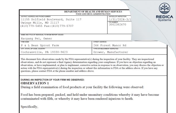 FDA 483 - P & L Bean Sprout Farm [Cochranville / United States of America] - Download PDF - Redica Systems