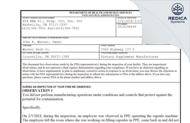 FDA 483 - Warner Herb Co. [Crossville / United States of America] - Download PDF - Redica Systems