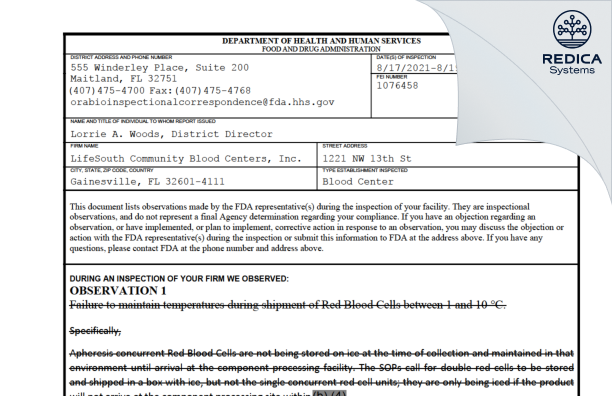 FDA 483 - LifeSouth Community Blood Centers, Inc. [Gainesville / United States of America] - Download PDF - Redica Systems