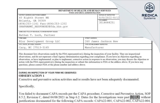 FDA 483 - Blur Development Group LLC [Cary / United States of America] - Download PDF - Redica Systems