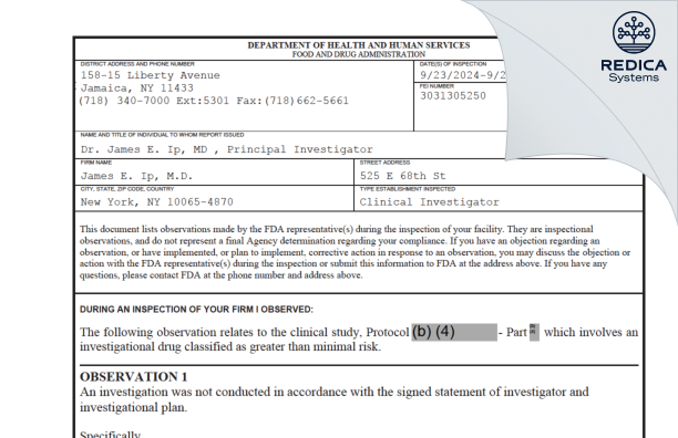 FDA 483 - James E. Ip, M.D. [New York / United States of America] - Download PDF - Redica Systems