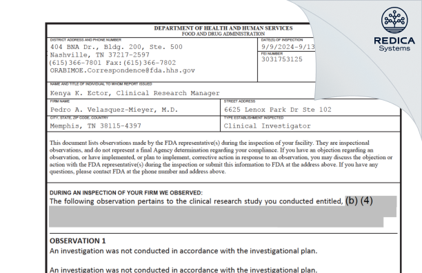 FDA 483 - Pedro A. Velasquez-Mieyer, M.D. [Memphis / United States of America] - Download PDF - Redica Systems