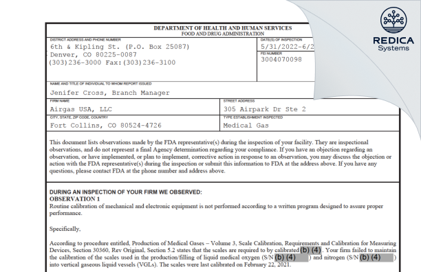 FDA 483 - AIRGAS USA, LLC [Fort Collins / United States of America] - Download PDF - Redica Systems