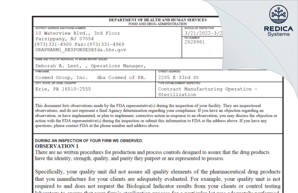 FDA 483 - Cosmed Group, Inc. [Erie / United States of America] - Download PDF - Redica Systems