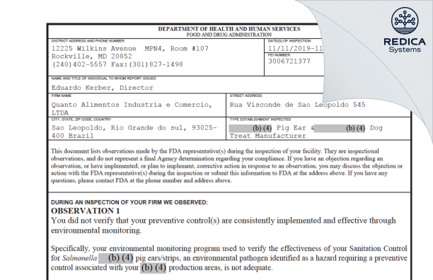 FDA 483 - Quanto Alimentos Industria e Comercio, LTDA [São Leopoldo / Brazil] - Download PDF - Redica Systems