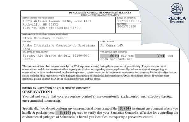 FDA 483 - Anabe Industria e Comercio de Proteinas Ltda. [Portão / Brazil] - Download PDF - Redica Systems