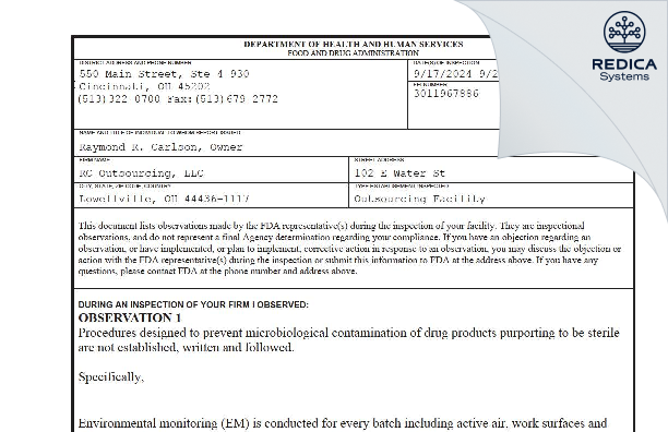 FDA 483 - RC Outsourcing, LLC [Lowellville / United States of America] - Download PDF - Redica Systems