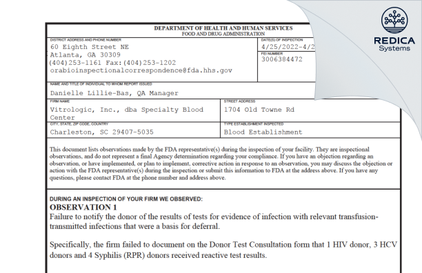 FDA 483 - Vitrologic, Inc., dba Specialty Blood Center [Charleston / United States of America] - Download PDF - Redica Systems