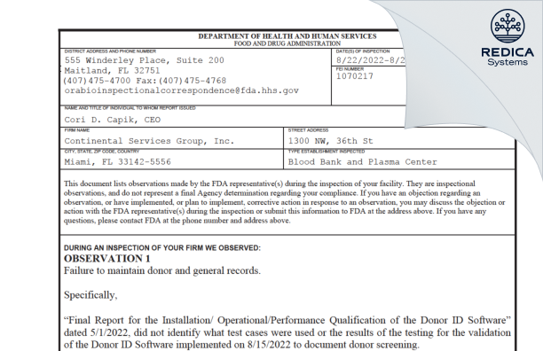 FDA 483 - Continental Services Group, Inc. [Miami / United States of America] - Download PDF - Redica Systems