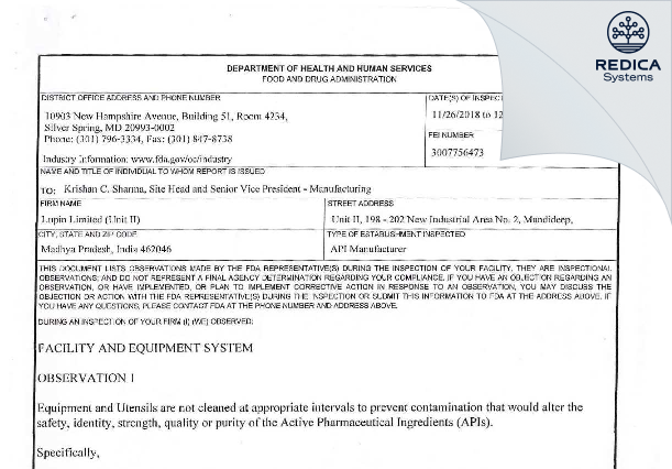 FDA 483 - LUPIN LIMITED [Mandideep / India] - Download PDF - Redica Systems