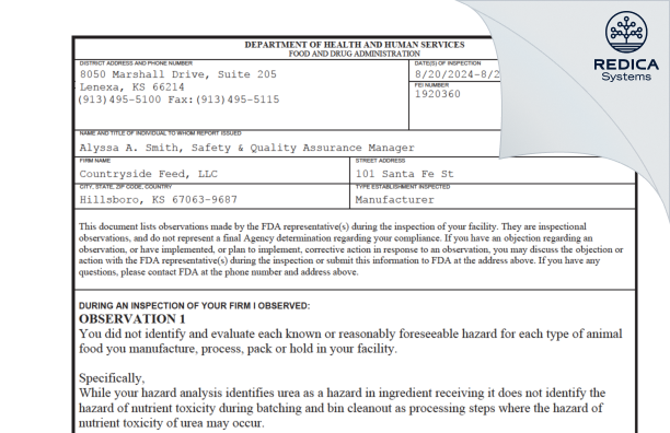 FDA 483 - Countryside Feed, LLC [Hillsboro / United States of America] - Download PDF - Redica Systems