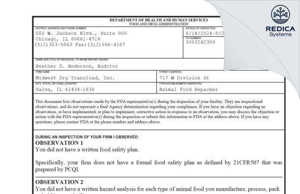 FDA 483 - Midwest Dry Transload, Inc. [Galva / United States of America] - Download PDF - Redica Systems