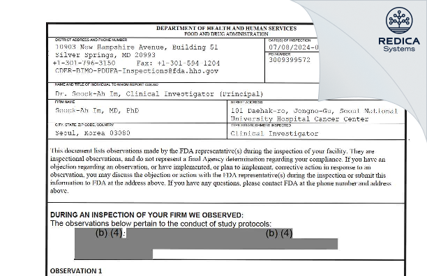 FDA 483 - Seock-Ah Im, MD, PhD [Seoul / Korea (Republic of)] - Download PDF - Redica Systems