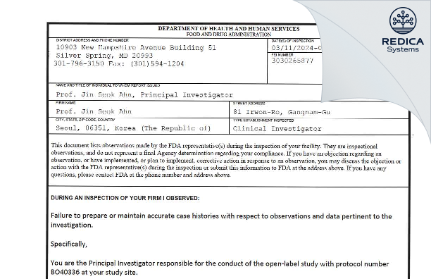 FDA 483 - Professor Jin Seok Ahn [- / Korea (Republic of)] - Download PDF - Redica Systems