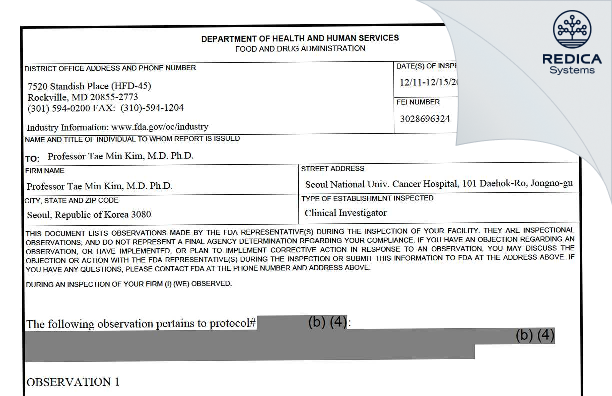 FDA 483 - Tae Min Kim [Seoul / Korea (Republic of)] - Download PDF - Redica Systems