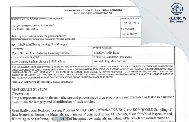 FDA 483 - Zoetis Suzhou Manufacturing Co Ltd [Suzhou / China] - Download PDF - Redica Systems