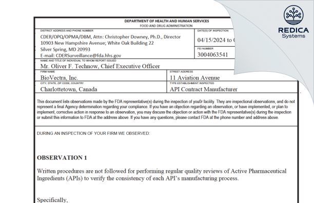 FDA 483 - BioVectra Inc [Charlottetown / Canada] - Download PDF - Redica Systems