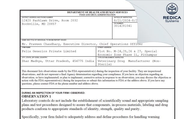 FDA 483 - Felix Generics Private Limited [Dhar Sub-District / India] - Download PDF - Redica Systems