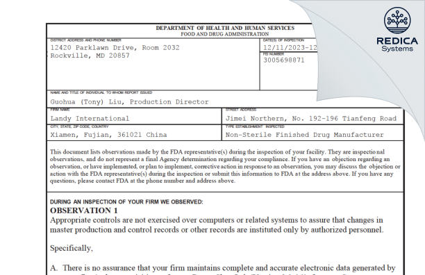 FDA 483 - Landy International [Jimei District / China] - Download PDF - Redica Systems