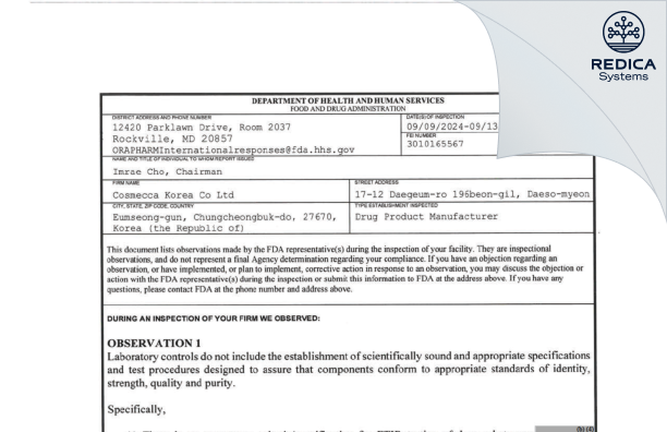 FDA 483 - COSMECCA KOREA CO., LTD [Daeso-Myeon / Korea (Republic of)] - Download PDF - Redica Systems