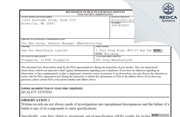 FDA 483 - Haw Par Healthcare Ltd. [Singapore / Singapore] - Download PDF - Redica Systems