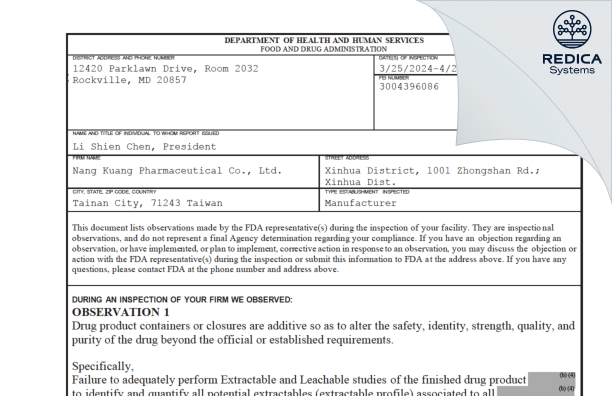 FDA 483 - Nang Kuang Pharmaceutical Co. Ltd. [Yong Kang Qu / Taiwan] - Download PDF - Redica Systems