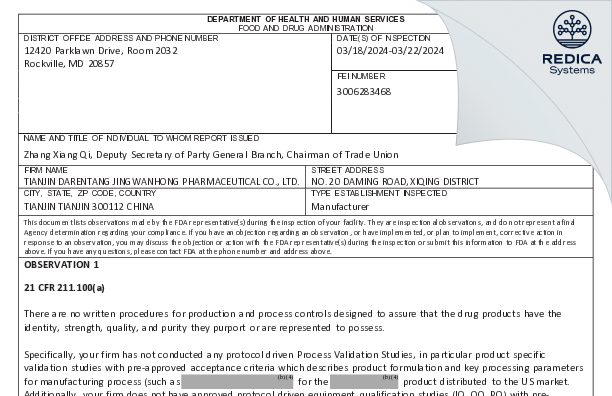 FDA 483 - TIANJIN DARENTANG JINGWANHONG PHARMACEUTICAL CO., LTD. [Tianjin / China] - Download PDF - Redica Systems