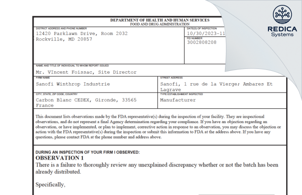 FDA 483 - SANOFI WINTHROP INDUSTRIE [Ambarès-Et-Lagrave / France] - Download PDF - Redica Systems