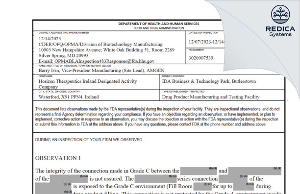 FDA 483 - Horizon Therapeutics Ireland Designated Activity Company (DAC) [Waterford / Ireland] - Download PDF - Redica Systems