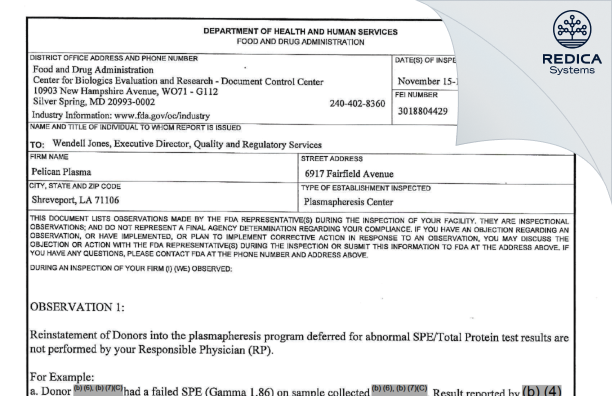 FDA 483 - Pelican Plasma [Shreveport / United States of America] - Download PDF - Redica Systems