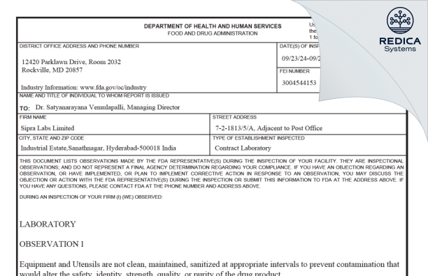 FDA 483 - SIPRA LABS LIMITED [Hyderabad / India] - Download PDF - Redica Systems