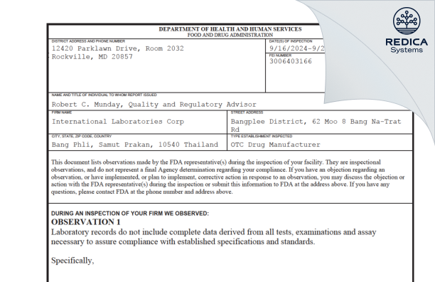 FDA 483 - INTERNATIONAL LABORATORIES CORP., LIMITED [Bang Kaeo / Thailand] - Download PDF - Redica Systems